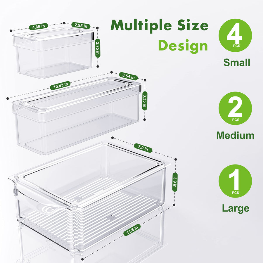 LeaderPro 7 Pcs Refrigerator Organizer Bins with Lids Stackable Fridge Storage Set