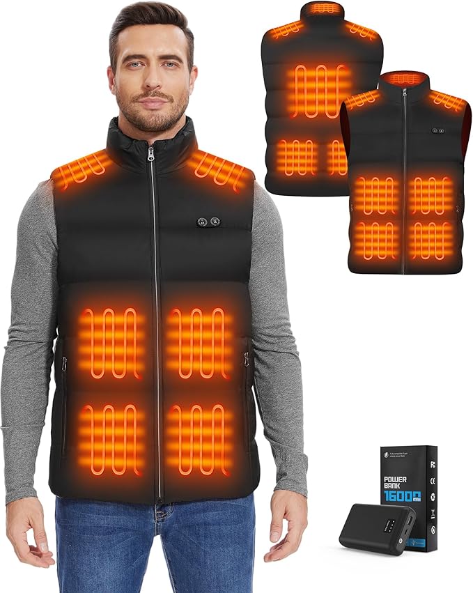 Updated Heated Vest with 10000mAh Battery Pack Lightweight Unisex Heated Clothing Black XL